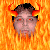 four identical pixelated faces with red eyes and black hair, each surrounded by orange flame-like shapes against an orange background