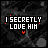 Animated contact sheet of a 48x48 pixel buddy icon showing "I SECRETLY LOVE HIM" text with animated color-coded dots and heart symbols on a dark background.