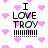 Pixelated text 'I LOVE TROY' with pink hearts on white background, animated heart and line count changes across frames.