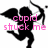 Pixelated black silhouette of a winged figure holding a bow, overlaid with pink text reading 'cupid stuck me' on white background.
