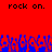 Red background with black text 'rock on.' repeated twice at top, blue pixelated shapes resembling hands or flames below.