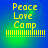 Yellow pixelated text "Peace Love Camp" on blue-green gradient background with horizontal yellow bars below.