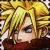 Pixelated close-up of a character with spiky blonde hair, blue eyes, and a red garment, rendered in a low-resolution style.