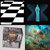 Four distinct pixelated images arranged in a 2x2 grid: top-left abstract black-and-white stripes, top-right blue vertical shape on dark background, bottom-left grayscale figure with brown tones, bottom-right multicolored gradient with green and blue hues.