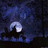 A pixelated night scene with a crescent moon, dark silhouetted trees, and a starry sky in blue and black tones.