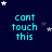 Dark blue background with scattered white and gray stars; cyan text 'cant touch this' repeated in a pattern with animated star movement