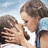A blue background with pixelated text and a small image of two people kissing.