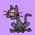 Pixelated gray cat with pink nose and white eyes sits on purple background, tail and limbs shift between