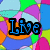 Pixelated text 'Live', 'Laugh', and 'Love' in blue with black outlines over a colorful abstract background of overlapping shapes.