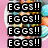 Pixelated text "EGGS!!" repeated in multiple over a colorful background with pink, blue, and orange hues