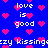 Blue background with repeating pink heart shapes and white text reading 'love is good' and 'crazy kissing' in pixelated font.
