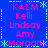 Blue background with pink text listing names and 'KAL'M' in a pattern, surrounded by light blue dotted lines and star symbols