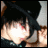 A pixelated anime-style character with dark hair and red eyes, wearing a black hat and dark clothing, appears in three with one heart symbol visible