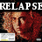 Pixelated image with bold white text 'RELAPSE' at top, a pixelated face with red and brown tones, and a white rectangular shape at bottom left.