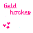 Pixelated icon with 'field hockey' text above four heart symbols in pink and purple, cycling through color variations.