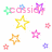 Pixelated icon with 'cross' text, multiple star shapes in yellow, orange, pink, purple, and green, and scattered light dots on white background.