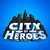 Pixelated logo with 'CITY HEROES' text over dark cityscape silhouette on blue background.