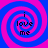 Four identical spiral patterns in blue and pink with the text "i love me" in black pixelated font at the center of each spiral.