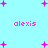 Light blue background with pink pixelated text 'alexis' and scattered pink plus signs in various sizes.