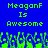 Blue background with green pixelated text reading "Meogonf Is Awesome" repeated twice, and green pixelated shapes at the bottom.