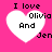 Four identical white heart shapes on a bright pink background, each containing black pixelated text reading "I love Olivia And Jen".