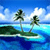 Pixelated tropical scene with two palm trees on a small island, blue sky with white clouds, and turquoise water reflecting the island.