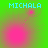 Four green display cyan text "MICHALA" with pink circular light effects shifting across positions