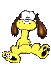 Yellow cartoon dog with brown ears and tail in multiple poses against gray background, showing sitting, standing, and leaning actions.