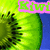 A pixelated image of a sliced kiwi fruit with green flesh and black seeds, overlaid by pink text reading "Kiw" on a blue background.