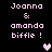Pixelated text 'Joanna & amanda biffle !' in light pink on black background with two heart symbols changing color between frames.