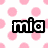 Pixelated icon with two distinct sections: left side shows 'mia' text on pink polka dots, right side displays 'B)' on white squares over pink background.