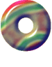 A circular, glossy object with a rainbow gradient of red, green, blue, and yellow hues forming swirling patterns around its perimeter.