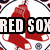 Red Sox Nation text in bold white letters on black blocks over red baseball socks with gray accents and a repeating pattern background.