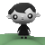 A 3D-rendered character with black hair and a black outfit stands on a green base, transitioning through multiple poses with blue tears and white objects.