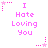 Pixelated pink text "I Hate Loving You" on white background with star and dot patterns, arranged in a of six identical