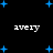 Black background with scattered blue plus signs and four instances of the word 'avery' in white pixelated text.
