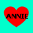 Four red heart shapes with black text "ANNIE" on a cyan background, arranged in a