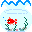 Animated contact sheet of six 32x32 pixel frames showing a red goldfish in an aquarium with green seaweed, blue water waves, and gray rocks against a light blue background.