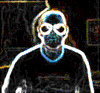 Animated sequence of a figure in dark clothing with glowing outlines performing sequential poses against black background.