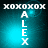 A vertical arrangement of 'XOXO' text above the name 'ALEX', with a blue gradient background and subtle light effects.