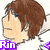 Pixelated anime-style character with brown hair, blue eye, closed mouth, and purple text in bottom-left corner.