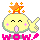 Pixel art character with yellow face, orange star on head, pink blush marks, and hand gestures showing 'WOW!' text below. The character's mouth alternates between open and closed states across frames while the right hand changes from pointing to peace sign.