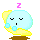 Pixelated cartoon character with closed eyes resting on a yellow cloud, displaying four variations of the letter Z above its head in different colors.