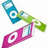 Pixelated icon features a blue and green upper section with circular patterns, connected to a pink lower section containing white spiral designs.