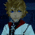 Pixelated anime-style character with blonde hair and blue eyes, wearing a white shirt with red accents against dark background.