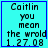 Four cyan with blue borders display identical pixelated text reading "Caitlin you mean the wrold 1.27.08"; one shows a small blue cursor at bottom-right