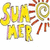 Yellow 'Summer' text with pink outline, red sun rays, and yellow spiral sun graphic next to red 'Rocks!' text on white background.