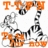 Pixelated orange and gray icon with stylized text elements forming a border around central white space, featuring abstract shapes resembling eyes and limbs.