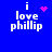 Blue background with white text 'i love phillip' and four distinct pink pixelated animations above the word 'love'.