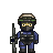 Pixel art character in blue tactical gear holding a rifle, wearing a helmet with green accents and a black mask covering the lower face.